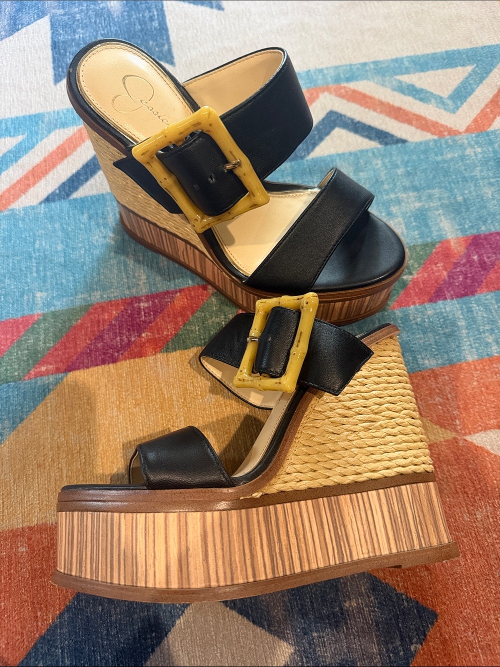 Jessica Simpson Black Wedge Sandals with Yellow Buckle